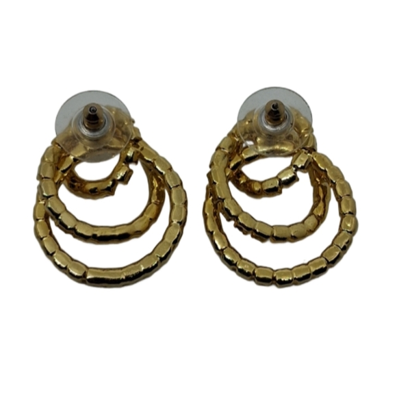 Vintage Y2K Triple Hoop Rhinestone Earrings – Gold Tone Glam Statement Jewelry - Picture 5 of 5